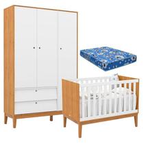 Berço Americano e Guarda Roupa Unique 3 Portas Freijó Branco Soft Eco Wood com Colchão Ortobom - Matic
