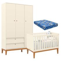Berço Americano e Guarda Roupa Unique 3 Portas Off White Eco Wood com Colchão Ortobom - Matic Berço Americano e Guarda Roupa Unique 3 Portas Off White Eco Wood com Colchão Ortobom - Matic