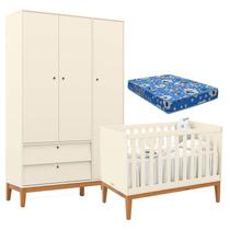 Berço Americano e Guarda Roupa Unique 3 Portas Off White Eco Wood com Colchão Ortobom - Matic Berço Americano e Guarda Roupa Unique 3 Portas Off White Eco Wood com Colchão Ortobom - Matic