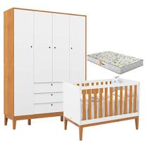 Berço Americano e Guarda Roupa Unique 4 Portas Branco Soft Freijó Eco Wood com Colchão Gazin - Matic