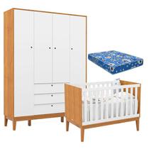 Berço Americano e Guarda Roupa Unique 4 Portas Freijó Branco Soft Eco Wood com Colchão Ortobom - Matic - Matic Moveis