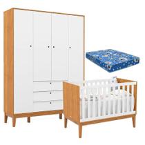 Berço Americano E Guarda Roupa Unique 4 Portas Freijó Branco Soft Eco Wood Com Colchão Ortobom Berço Americano E Guarda Roupa Unique 4 Portas Freijó Branco Soft Eco Wood Com Colchão Ortobom