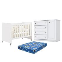 Berço Americano Evolution 4 em 1 Branco Acetinado Reller e Cômoda Americano Branco HP e Colchão TendTudo - Henn