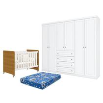 Berço Americano Evolution 4 em 1 Branco Acetinado Savana e Guarda Roupa Casal Americano 6 Portas Branco HP e Colchão Ortobom - Henn