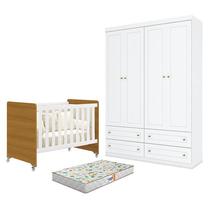 Berço Americano Evolution 4 em 1 Branco Acetinado Savana e Guarda Roupa Infantil Americano 4 Portas Branco HP e Colchão Gazin - Henn