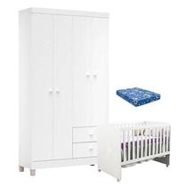 Berço Americano Gabi com Colchão e Guarda Roupa Ternura Baby 4 Portas Branco Flex - Incorplac