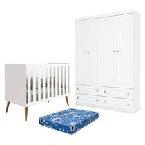 Berço Americano Isis Branco Acetinado - Reller e Guarda Roupa Infantil Americano 4 Portas Branco HP e Colchão Ortobom Henn