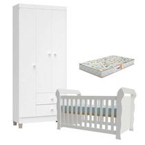Berço Americano Lara com Colchão Gazin e Guarda Roupa Ternura Baby 3 Portas Branco Brilho Flex - Incorplac
