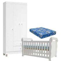 Berço Americano Lara Com Colchão Para Berço Americano E Guarda Roupa Ternura Baby 3 Portas Branco Brilho - Incorplac Berço Americano Lara Com Colchão Para Berço Americano E Guarda Roupa Ternura Baby 3 Portas Branco Brilho - Incorplac