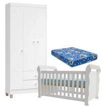 Berço Americano Lara com Colchão para Berço Americano e Guarda Roupa Ternura Baby 3 Portas Branco Brilho - Incorplac Berço Americano Lara com Colchão para Berço Americano e Guarda Roupa Ternura Baby 3 Portas Branco Brilho - Incorplac