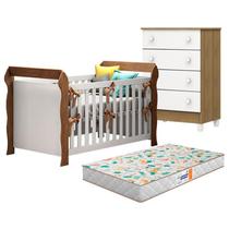 Berço Americano Lara e Cômoda Gaveteiro Mel Flat Branco Acetinado Amadeirado com Colchão Gazin Carolina