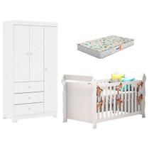 Berço Americano Lara E Guarda Roupa Duda 3 Portas Branco Brilho Com Colchão Gazin