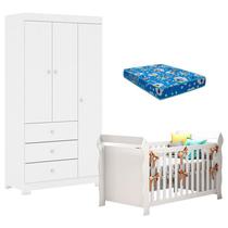 Berço Americano Lara e Guarda Roupa Duda 3 Portas Branco Brilho com Colchão Ortobom Phoenix Baby Berço Americano Lara e Guarda Roupa Duda 3 Portas Branco Brilho com Colchão Ortobom Phoenix Baby