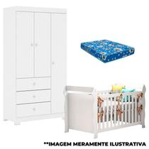 Berço Americano Lara e Guarda Roupa Duda 3 Portas Branco Brilho com Colchão Phoenix Baby Berço Americano Lara e Guarda Roupa Duda 3 Portas Branco Brilho com Colchão Phoenix Baby