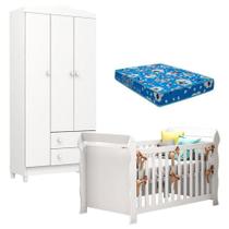 Berço Americano Lara E Guarda Roupa Infantil Mel Flat 3 Portas Branco Brilho Com Colchão Ortobom