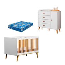 Berço Americano Ligia e Cômoda Infantil Duda Branco Acetinado Bétula com Colchão Ortobom Carolina Móveis