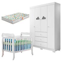 Berço Americano Lila e Guarda Roupa Infantil Ane Branco Brilho com Colchão Gazin Phoenix Baby