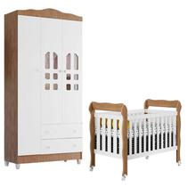 Berço Americano Lila e Guarda Roupa Infantil New Selena 3 Portas Branco Acetinado Amadeirado Carolina Móveis