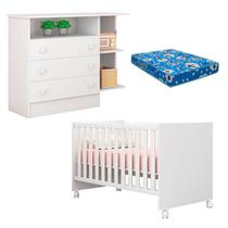 Berço Americano Mini Cama 100 Cômoda Infantil com Nicho 104 Doce Sonho Branco Brilho e Colchão Qmovi