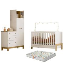 Berço Americano Mini Cama 4300 Fantasia E Guarda Roupa Com Cômoda 4970 Q Encanto Slim Branco Acetinado Com Colchão