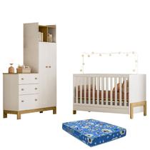 Berço Americano Mini Cama 4300 Fantasia e Guarda Roupa com Cômoda 4970 Q Encanto Slim Branco Acetinado com Colchão Tend Tudo Qmovi