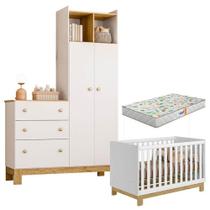 Berço Americano Mini Cama 4315 E Guarda Roupa Com Cômoda 4970 Q Encanto Slim Branco Acetinado Com Colchão Gazin
