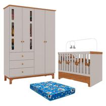 Berço Americano Mini Cama com Gaveta e Guarda Roupa Infantil Antonella 4 Portas Off White Caramelo com Colchão Ortobom - Canaã