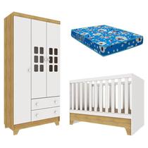 Berço Americano Mini Cama com Guarda Roupa Infantil Malu Branco Acetinado Bétula com Colchão Ortobom Carolina