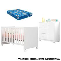 Berço Americano Mini Cama Doce Sonho 100 e Cômoda Infantil Duda Branco Brilho com Colchão Phoenix Baby