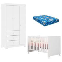Berço Americano Mini Cama Doce Sonho 100 e Guarda Roupa Infantil Duda 3 Portas Branco Brilho com Colchão Ortobom Phoenix Baby