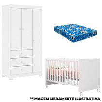 Berço Americano Mini Cama Doce Sonho 100 e Guarda Roupa Infantil Duda 3 Portas Branco Brilho com Colchão Phoenix Baby Berço Americano Mini Cama Doce Sonho 100 e Guarda Roupa Infantil Duda 3 Portas Branco Brilho com Colchão Phoenix Baby