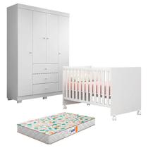 Berço Americano Mini Cama Doce Sonho 100 e Guarda Roupa Infantil Duda 4 Portas Branco Brilho com Colchão Gazin Phoenix Baby