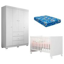 Berço Americano Mini Cama Doce Sonho 100 e Guarda Roupa Infantil Duda 4 Portas Branco Brilho com Colchão Ortobom Phoenix Baby