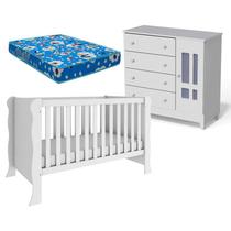 Berço Americano Mini Cama e Cômoda Infantil Ariel Branco Brilho com Colchão Ortobom Carolina