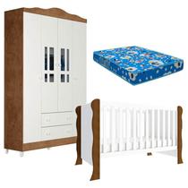 Berço Americano Mini Cama e Guarda Roupa 4 Portas Ariel Branco Acetinado Amadeirado com Colchão Ortobom Carolina - Carolina Baby