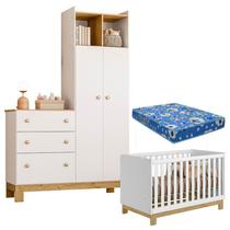 Berço Americano Mini Cama e Guarda Roupa com Cômoda Q Encanto Slim Branco Acetinado com Colchão Ortobom Qmovi