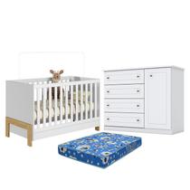 Berço Americano Mini Cama Fantasia Branco Acetinado Qmovi e Cômoda Infantil Americano Branco HP e Colchão TendTudo - Henn Berço Americano Mini Cama Fantasia Branco Acetinado Qmovi e Cômoda Infantil Americano Branco HP e Colchão TendTudo - Henn
