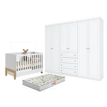 Berço Americano Mini Cama Fantasia Branco Acetinado Qmovi e Guarda Roupa Casal Americano 6 Portas Branco HP e Colchão Gazin Henn