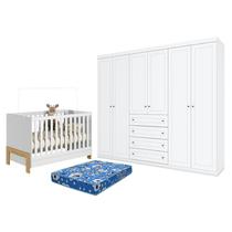 Berço Americano Mini Cama Fantasia Branco Acetinado Qmovi e Guarda Roupa Casal Americano 6 Portas Branco HP e Colchão TendTudo Henn