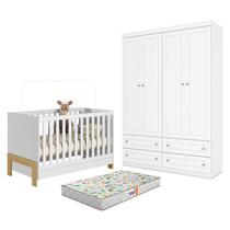 Berço Americano Mini Cama Fantasia Branco Acetinado Qmovi e Guarda Roupa Infantil Americano 4 Portas Branco HP e Colchão Gazin Henn
