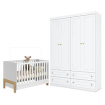 Berço Americano Mini Cama Fantasia Branco Acetinado - Qmovi E Guarda Roupa Infantil Americano 4 Portas Branco Hp - Henn
