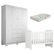 Berço Americano Mini Cama Mel e Guarda Roupa Duda 4 Portas Branco Brilho com Colchão Gazin Phoenix Baby