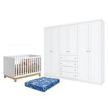 Berço Americano Mini Cama Q Encanto Slim Branco Acetinado - Qmovi e Guarda Roupa Casal Americano 6 Portas Branco HP e Colchão Ortobom Henn