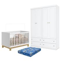 Berço Americano Mini Cama Q Encanto Slim Branco Acetinado - Qmovi e Guarda Roupa Infantil Americano 4 Portas Branco HP e Colchão Ortobom Henn