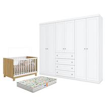 Berço Americano Mini Cama Q Encanto Slim Freijó Branco Acetinado - Qmovi e Guarda Roupa Casal Americano 6 Portas Branco HP e Colchão Gazin Henn