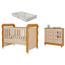 Berço Americano Mirelle e Cômoda Infantil Ariel com Porta Off White Bétula com Colchão Gazin Carolina Baby