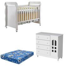 Berço Americano Mirelle e Cômoda Infantil Selena Branco Brilho com Colchão - Carolina