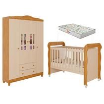 Berço Americano Mirelle e Guarda Roupa Infantil Ariel 4 Portas Off White Bétula com Colchão Gazin Carolina Baby