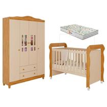 Berço Americano Mirelle E Guarda Roupa Infantil Ariel 4 Portas Off White Bétula Com Colchão Gazin- Carolina Baby