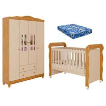 Berço Americano Mirelle e Guarda Roupa Infantil Ariel 4 Portas Off White Bétula com Colchão Ortobom Carolina Baby